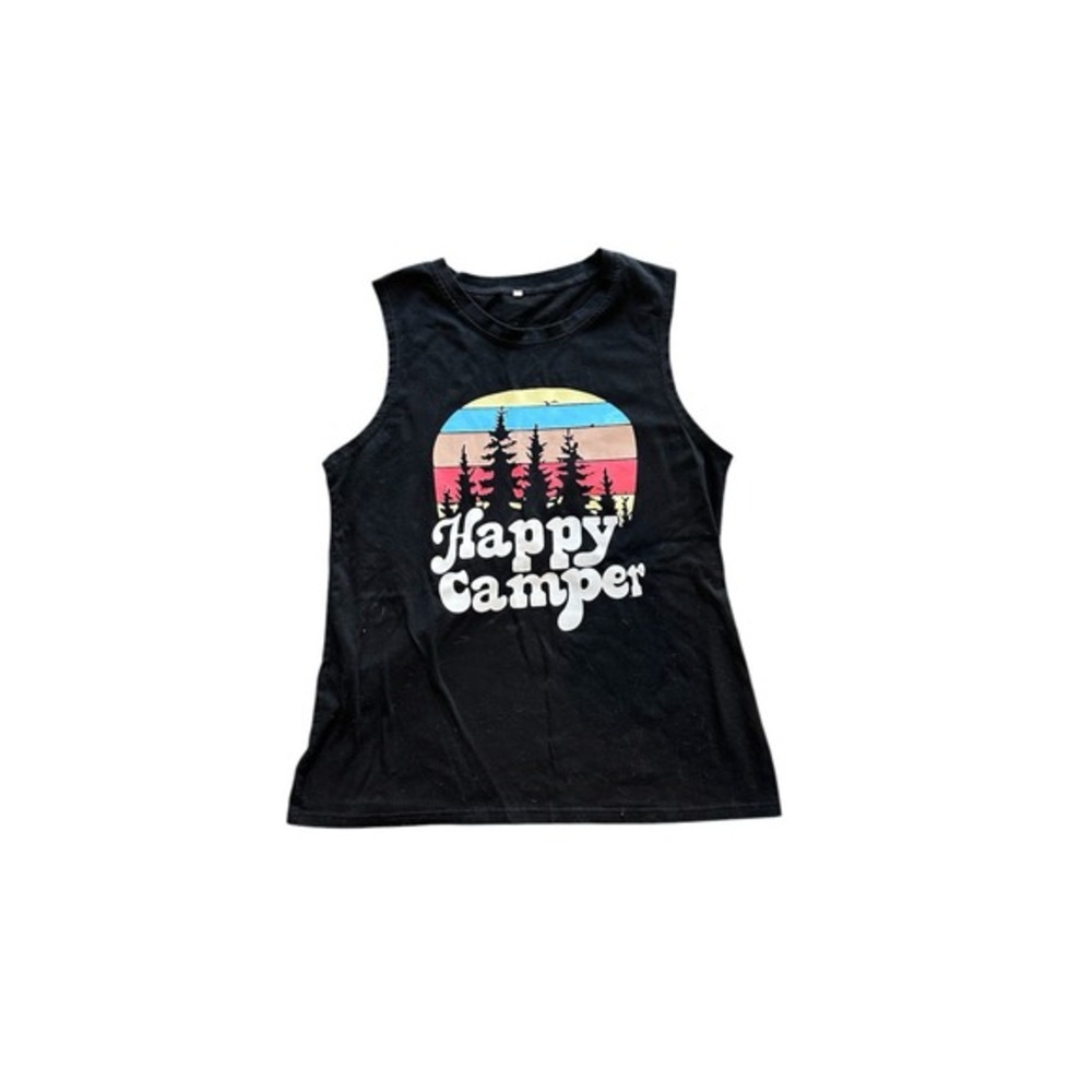 Womens Juniors Happy Camper tank top shirt Medium black multicolor